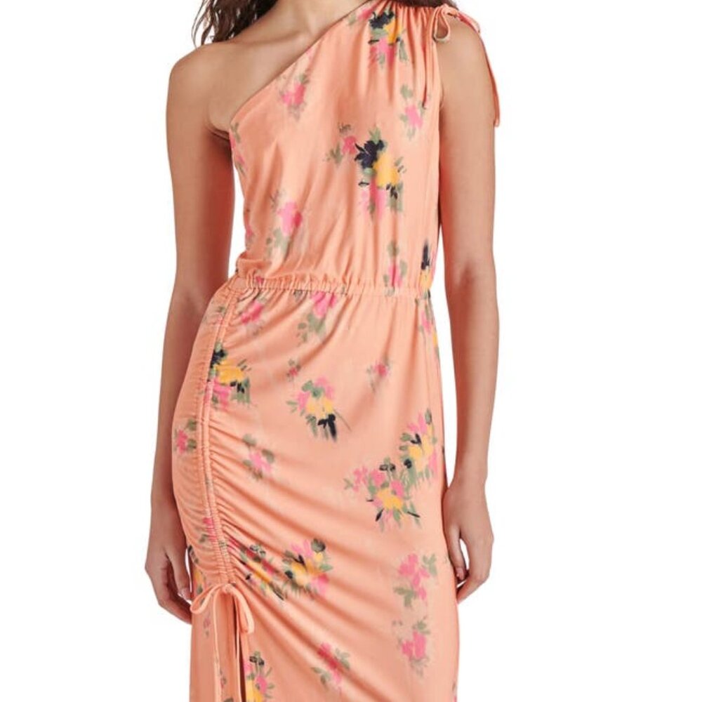 STEVE MADDEN One Shoulder Midi Dress Soft Jersey Floral Tangerine Size S
